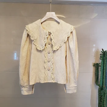 

HAMALIEL Runway Designer Fashion Women Blouses Spring Beaded Single Breasted Jacquard Vintage Full Sleeve Cotton Loose Shirt Top