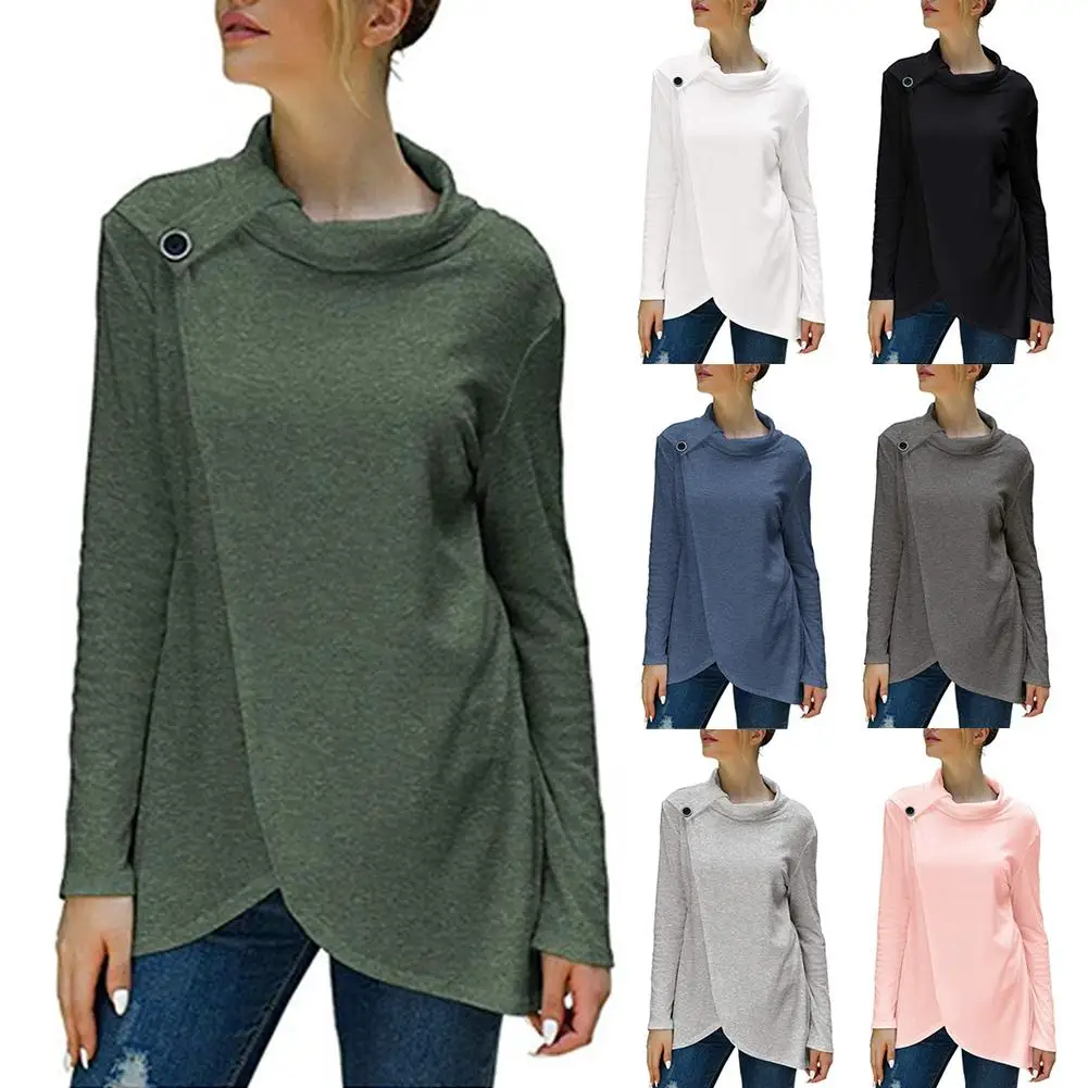 

Women Solid Color Long Sleeve Heap Collar Button Decor Pullover Loose Warm Outdoor Windproof Streetwear Xmas Gift