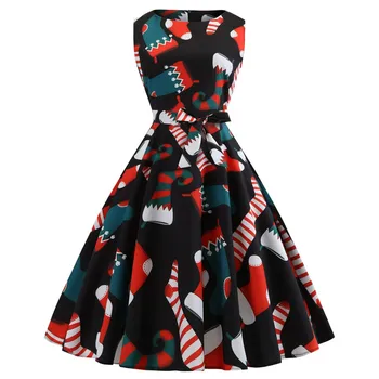 

Christmas Dress Vintage Retro Women A-Line Winter New Year Santa Claus Print Party Dress costume