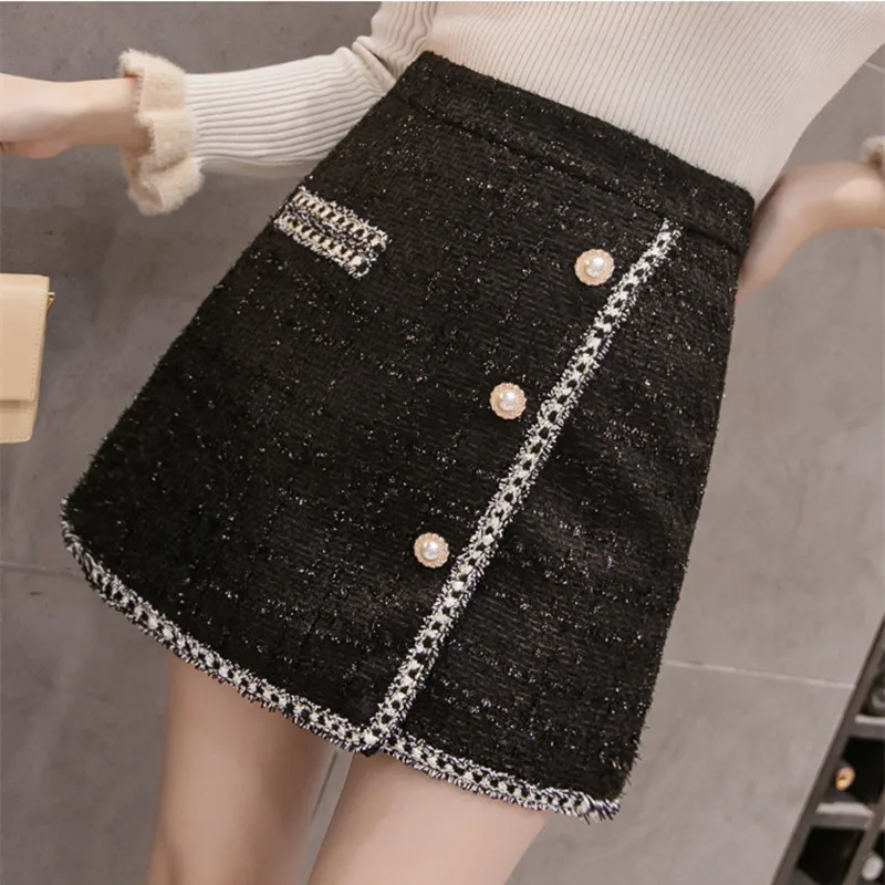

Autumn Winter New Fashion Runway Tweed Mini Short Skirt Women High Quality Small Fragrant Wind Buttons Black Irregular Skirts
