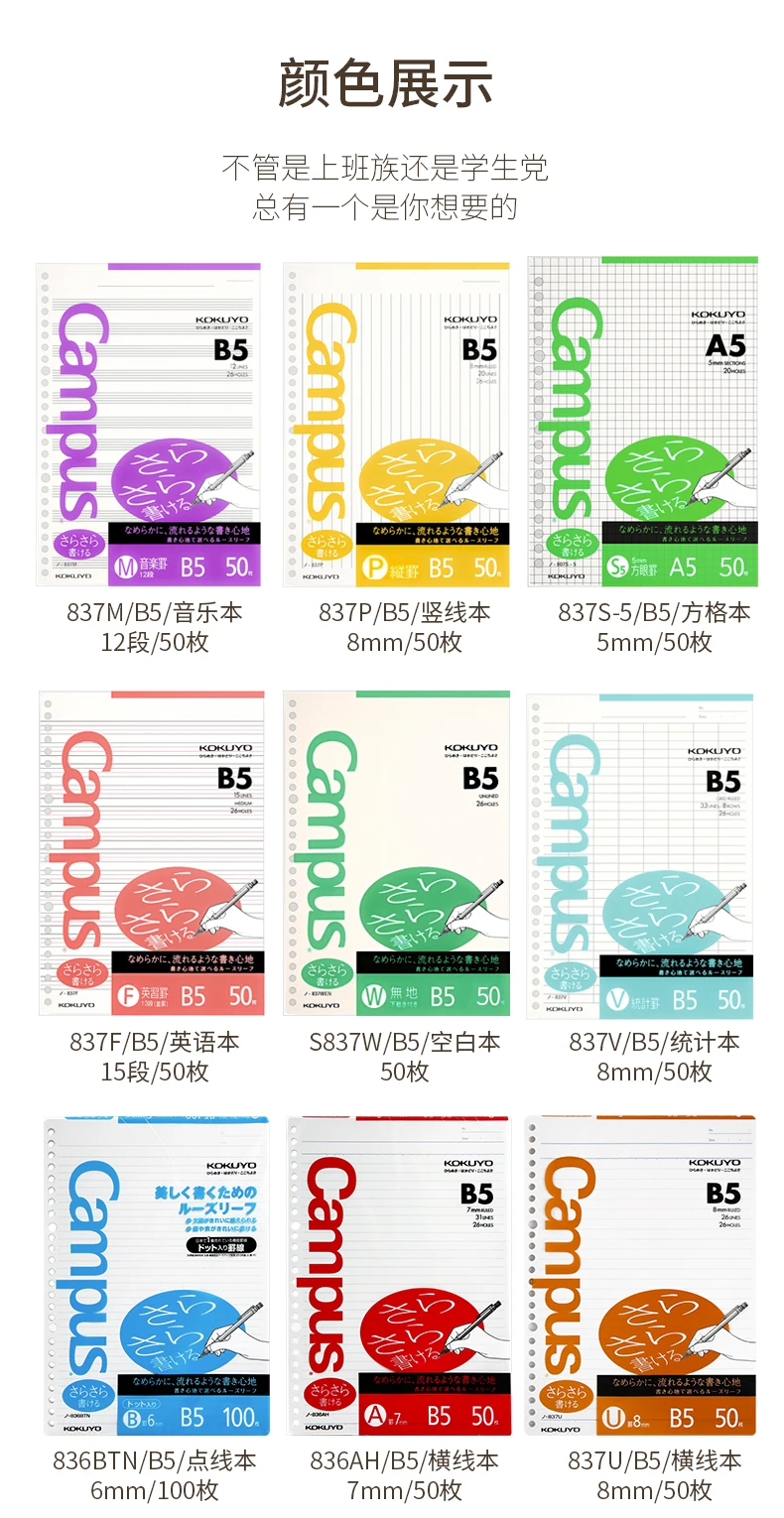 50/100 листов KOKUYO Campus вкладыш B5 внутренний основной блокнот 26 отверстий квадратная пунктирная линия музыкальная книга пустые канцелярские принадлежности для студентов