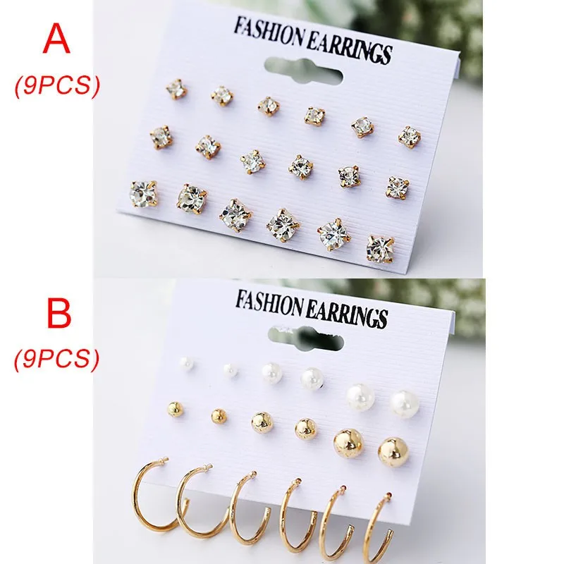 

9 Pairs/Set Earrings For Women Trendy Wild Vintage Rhinestone Geometric Exaggerated Wild Combination Earring Set