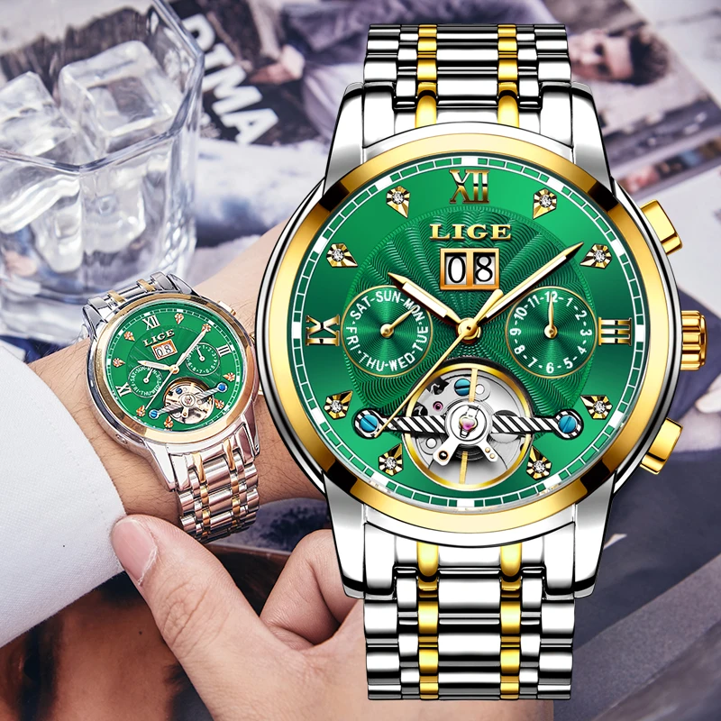 Relogio Masculino LIGE новые зеленые деловые мужские часы лучший бренд класса люкс LIGE модные спортивные турбийон автоматические механические часы
