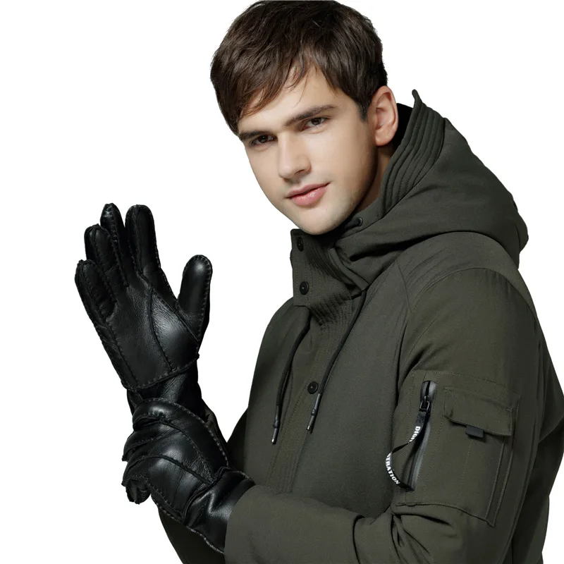 Мужские зимние меховые кожаные перчатки, толстые теплые кожаные перчатки для вождения, овчина, шерстяные варежки, мужские AGB690
