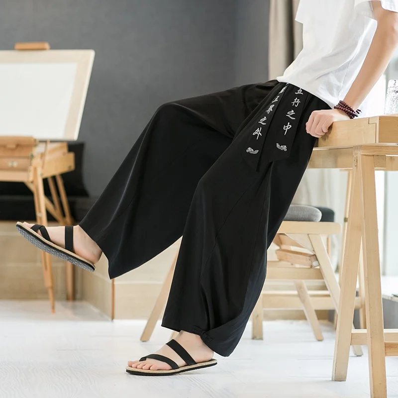 Men Cotton Linen Wide Leg Pants Summer Harajuku Male Streetwear Harem Pants Man Chinese Style Hanfu Kongfu Trousers Skirt 31121