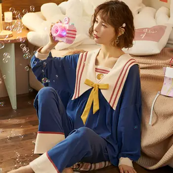 

Pajamas women's long-sleeved autumn solid color two-piece knitted thin section girl student home service spring and summer