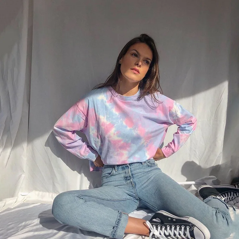 Fanco Женская толстовка 2020 с принтом Tie Dye модный розовый свитшот круглым вырезом