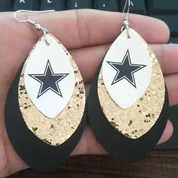 

New 3D Glitters Pentagram Football Leather Teardrop Earrings Three Layers Sample Leaf Earrings We Can Make