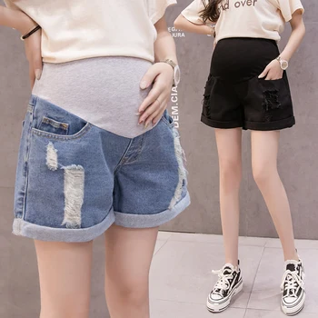 

8816# Ripped Hole Rolled Up Wide Leg Loose Thin Denim Maternity Shorts Summer Casual Belly Clothes for Pregnant Women Pregnancy