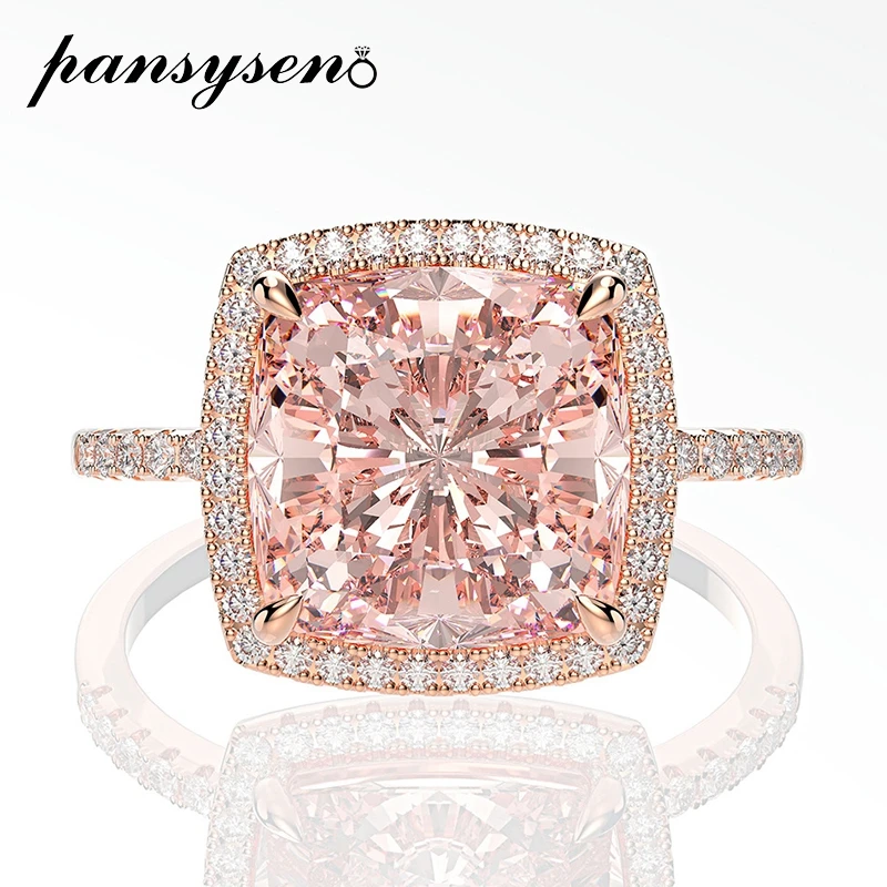 PANSYSEN 10MM Square Morganite Gemstone Rings for Women Solid 925 Sterling Silver Sparking Cocktail Ring Wedding Fine Jewelry PANSYSEN 10MM Square Morganite Gemstone Rings for Women Solid 925 Sterling Silver Sparking Cocktail Ring Wedding Fine Jewelry