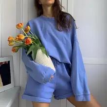 

50% Dropshipping!!Solid Color Women Suit Drawstring O Neck Long Sleeve Top Shorts Suit for Daily Wear