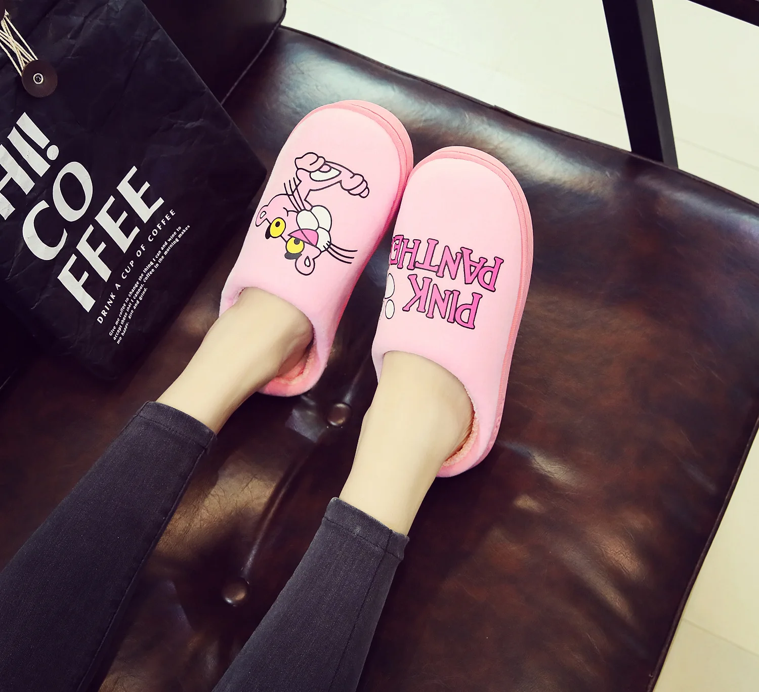 

QSR 2019 Winter indoor cotton mop Winter couple pink home leopard cotton slippers