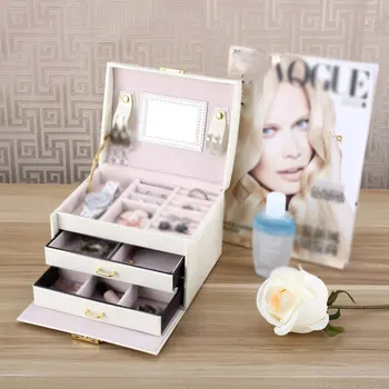 

PU Leather Jewelry Storage Box Three Layer Double Drawer Makeup Organizer Dust Proof Jewelry Storage Box