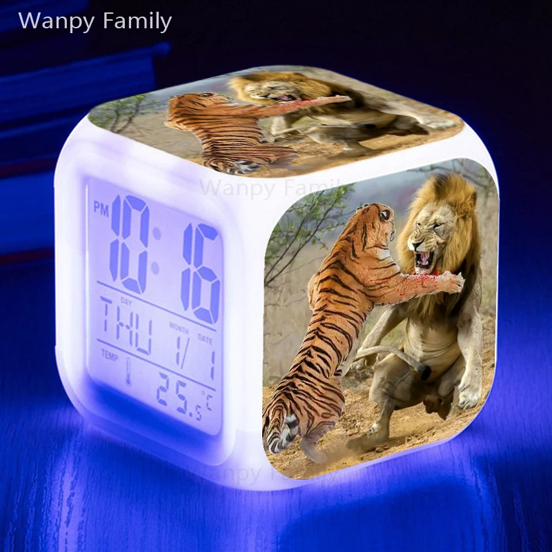 King Lion Tiger Alarm Clock 7 Color Glowing Led Digital Clock Children