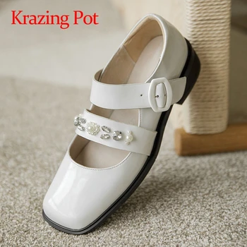 

Krazing Pot preppy style pearl decorations vintage maiden autumn shoes med square heels buckle straps square toe women pumps L10
