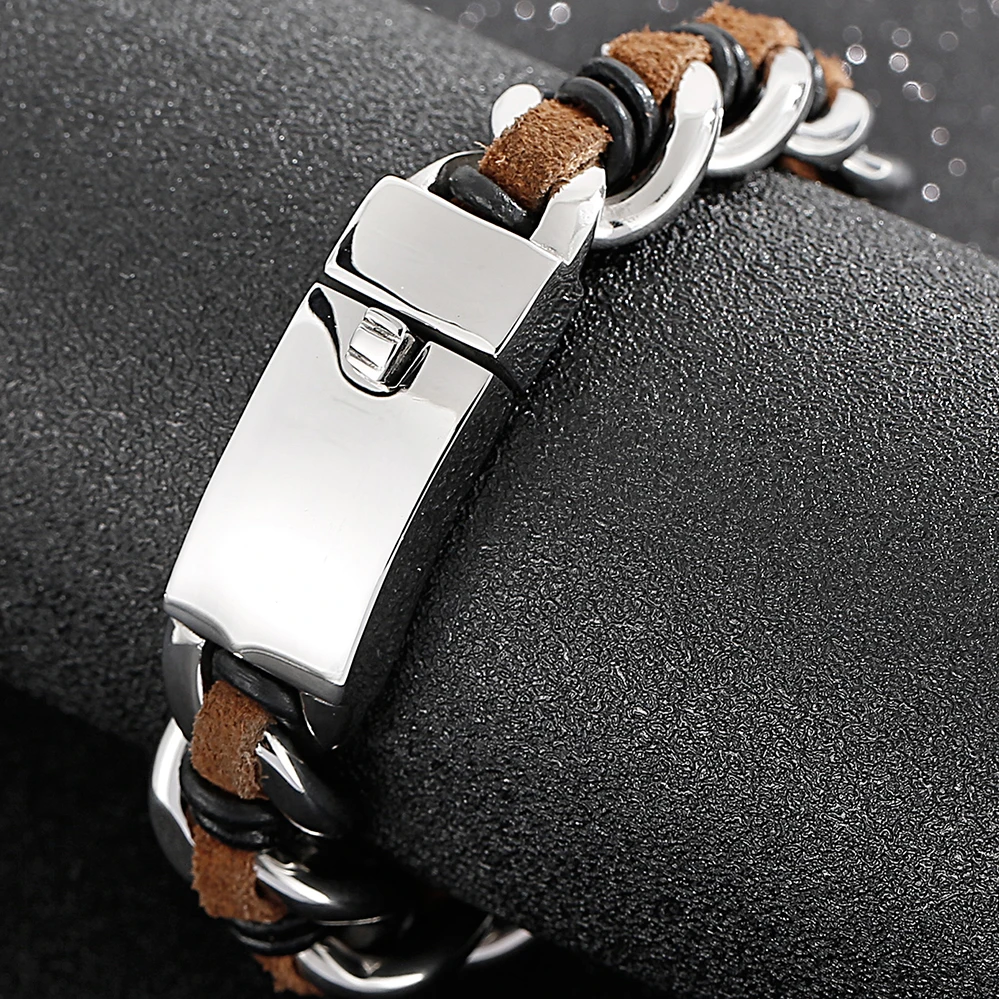 Handmade Leather Wrap Bracelet Men Boys Bracelets Titanium Stainless Steel Men s Biker Jewellery Accessories Cuff