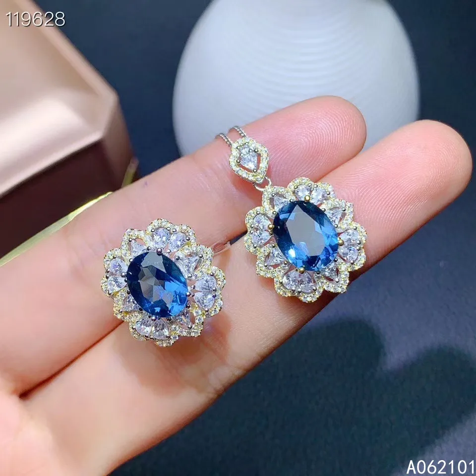 

KJJEAXCMY Fine Jewelry 925 sterling silver inlaid natural blue topaz new girl popular pendant ring set support test with box