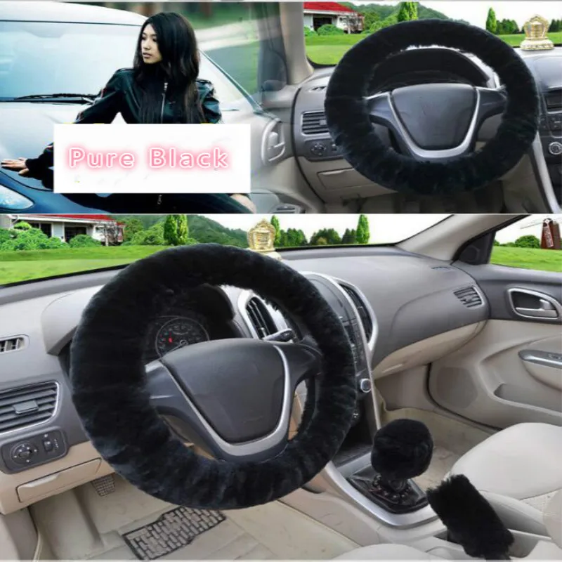 Universal Car Steering Covers Winter Plush Car Steering-Wheel Cover Faux fur Hand Brake Gear Cover Set Car Interior Accessories - Название цвета: Черный