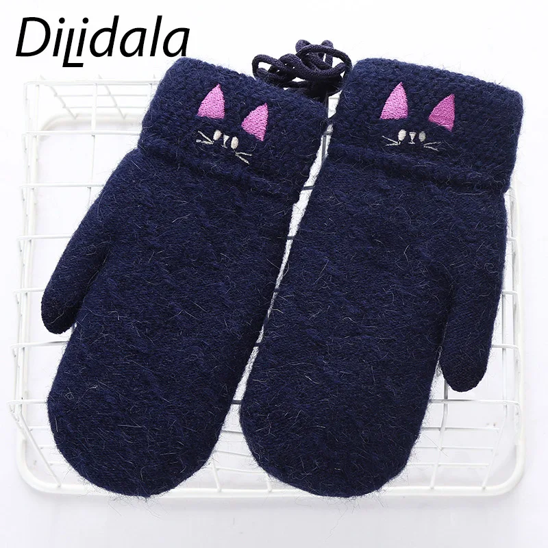 Dilidala женские теплые перчатки с рисунком кота из мультфильма зимние шерстяные вязаные женские перчатки удобные мягкие теплые прочные перчатки для кожи