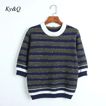 

Runway Design Luxury Elegant Pullover 2020 Spring Sequins Striped O-neck Dark Green Midsleeve Knit Short Crop Sweater Clothes