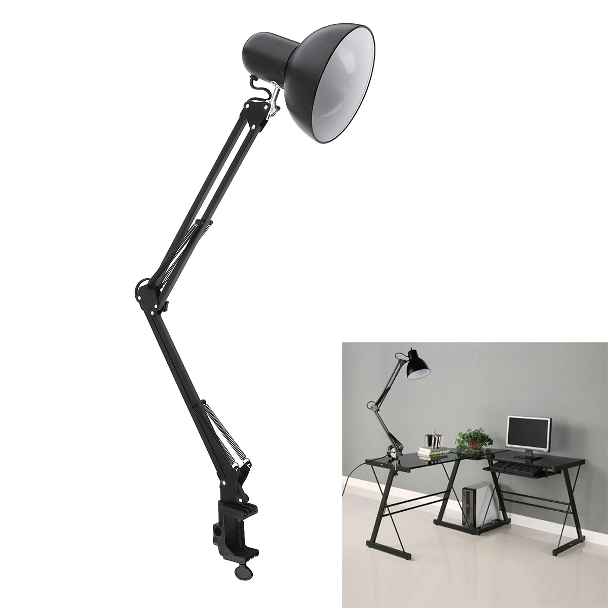 BlackFlexibleFoldingMetalDeskLampLongArmClampMountTableLamp