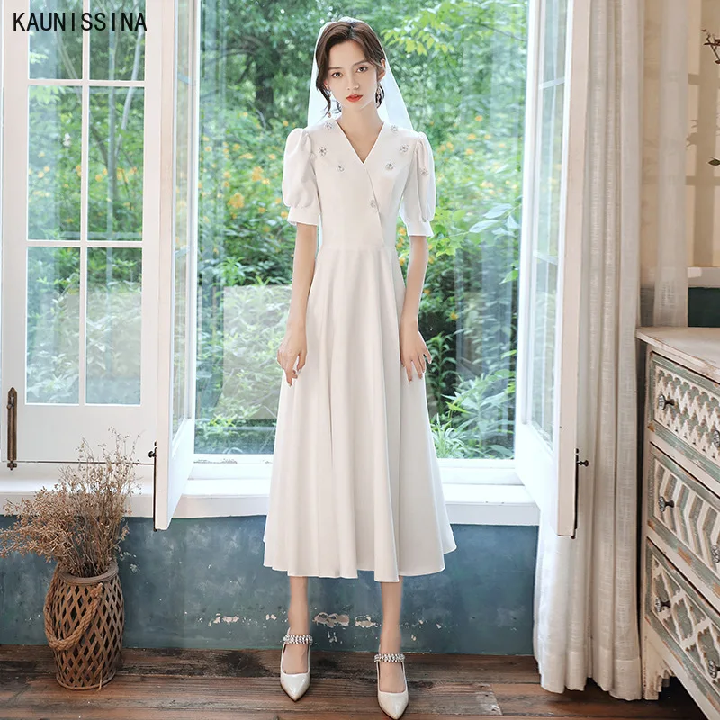 

Белое свадебное платье KAUNISSINA с коротким рукавом и V-образным вырезом, платья для невесты с жемчугом, Женские Элегантные Формальные платья а-силуэта для свадьбы