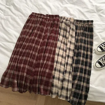 

Vintage High Waist Lattice Skirt Women Spring Fashion Plaid Red Maxi Skirt Female A-line Long Skirt Bottoms