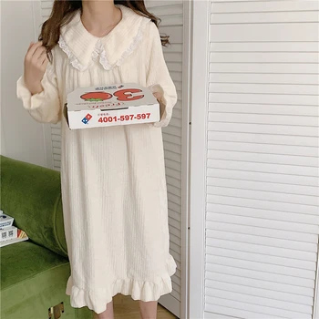 

winter home clothes dress warm velvet nightgowns women striped peter pan collar nighdress long sleeve homewear sleepwear Y196