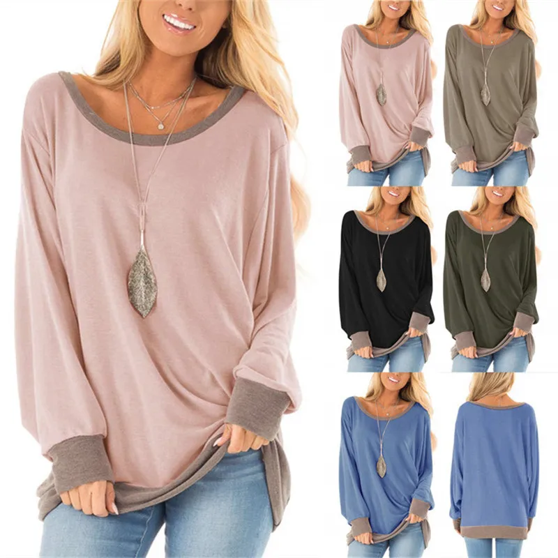

5 Colors Autumn and Winter Colorblock Long Sleeve Loose Women' Crewneck T-shirt