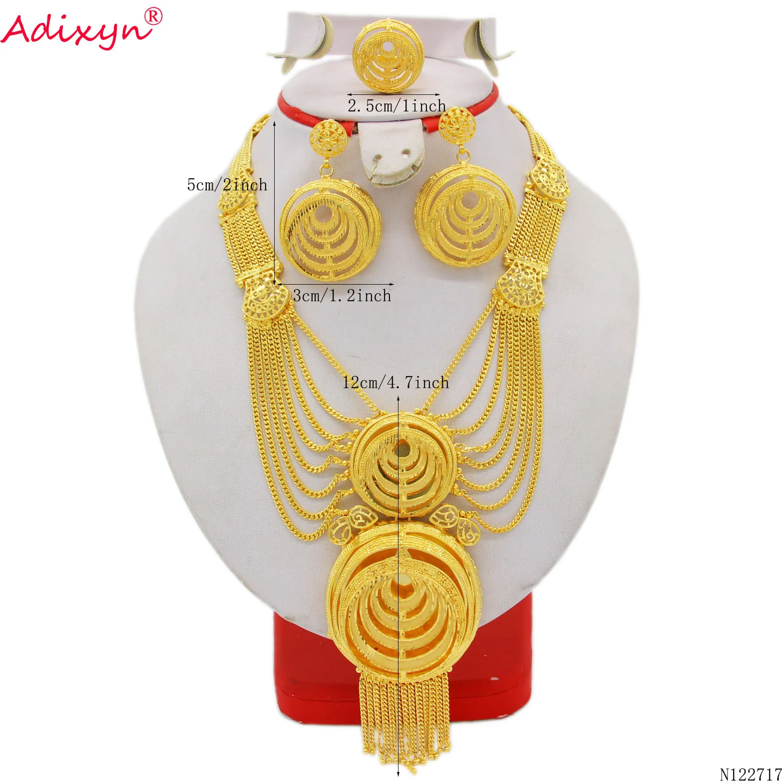 Adixyn Dubai 24K Gold Color Jewellry Set for Women India African Bridal Wedding Gifts Tassles Necklace/Earrings/Ring Set N122717