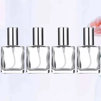 

4 Pcs 15ml Transparent Square Flat Spray Bottle Glass Empty Spray Bottle Perfume Liquid Dispenser for Makeup Skin Care (Silver L