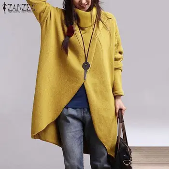 

Fashion Turtleneck Asymmetrical Hem Blouse Autumn Shirts ZANZEA Women Long Sleeve Knitwear Blusas Vintage Solid Tops Jumper Robe