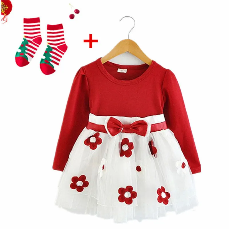 

New Year Infant Girl Dress Toddler Kids Baby Girls Long Sleeve Tulle Patchwork Flower Princess Red Party Clothes Dress 6M 18M