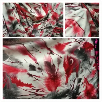 

150cm * 100cm Drape Ultra-Stretch QMilch Bottom Contrast Colors of Red and Gray Feather Printed Fabric Dress Cheongsam Fabric