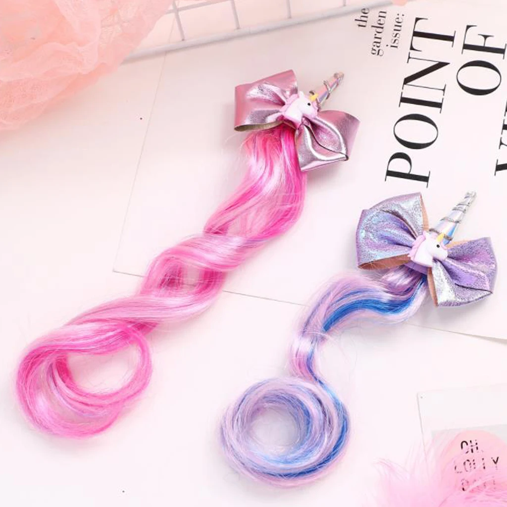 ' Cute Unicorn Hair Bow Clip Rainbow Extensions Wig Pony Party Headpiece