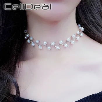 

CELLDEAL Elegance Simulated Pearl Statement Necklace Charm Beads Choker Necklace for Women Simple Cross Beaded Korea Jewelry