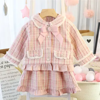 

Baby Girls Fashion Clothing Set Classic Plaid Lace Jackets+skirts Kids Toddlers Spring Autumn Winter Elegant Suits Child Clothes