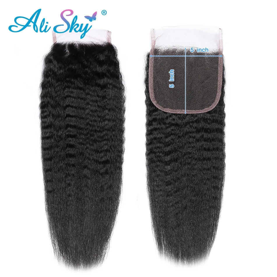 

Alisky Hair 5x5 Peruvian Kinky Straight Lace Closure 8-22 Inch Free/Middle/Three Part With Baby Hair 130% Density Remy Hair