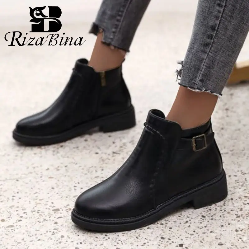 

RIZABINA British Style Women Ankle Boots Zipper Round Toe Winter Flats Shoes Vintage Brown Boots Women Footwear Size 35-40