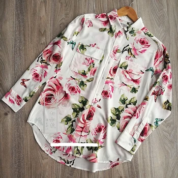 

NEW EQ 100% real silk women long sleeve blouses flower double pocket