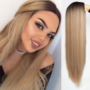 

Long Straight Synthetic Wig Black Ombre Wigs for Women Mixed Brown and Blonde Wig Middle Part Nature Hair