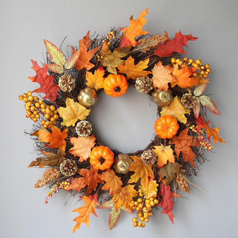 

New diameter 45/60CM Halloween Decor Fall Door Pumpkin Wreath Autumn Color Maple Leaf Garland