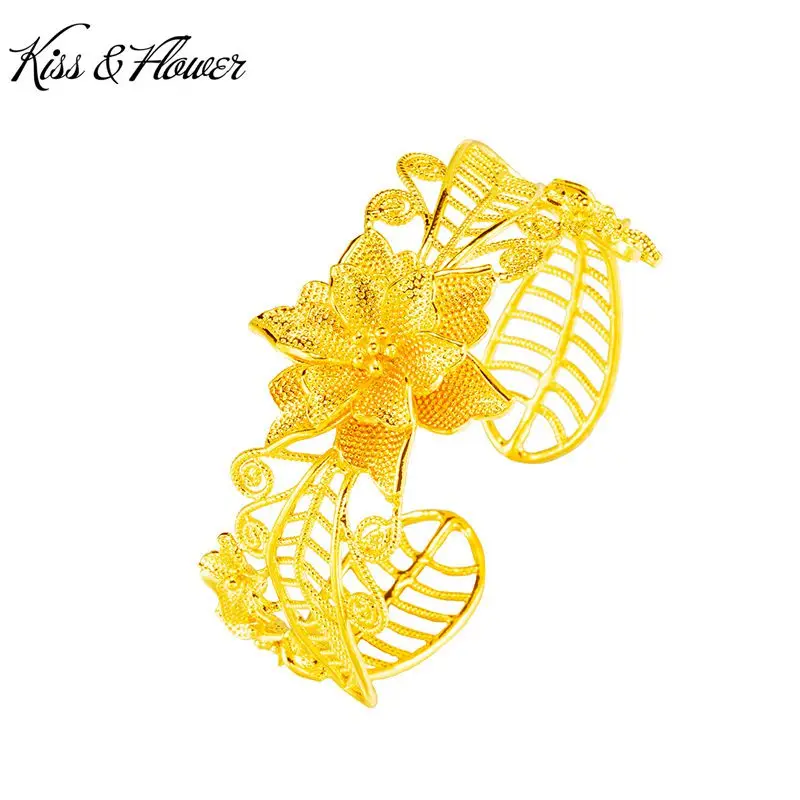 

KISS & FLOWER BR186 изящные ювелирные изделия, оптовая продажа, модный подарок девушке на день рождения и свадьбу, винтажные полые розы, цветы 24KT золотистый браслет