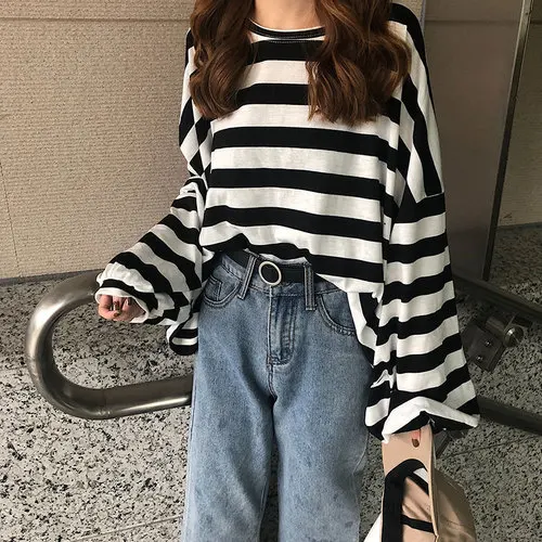 Harajuku топы mujer осень странные вещи Эстетическая корейская мода уличная полосатая футболка с длинными рукавами негабаритных друзей - Цвет: Черный