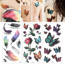 3D Temporary Tattoos Butterfly Rose Flower Feather Stickers Women Body Arm Shoulder Art Make Up Waterproof Transfer Fake Tattoos