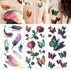 3D Temporary Tattoos Butterfly Rose Flower Feather Stickers Women Body Arm Shoulder Art Make Up Waterproof Transfer Fake Tattoos