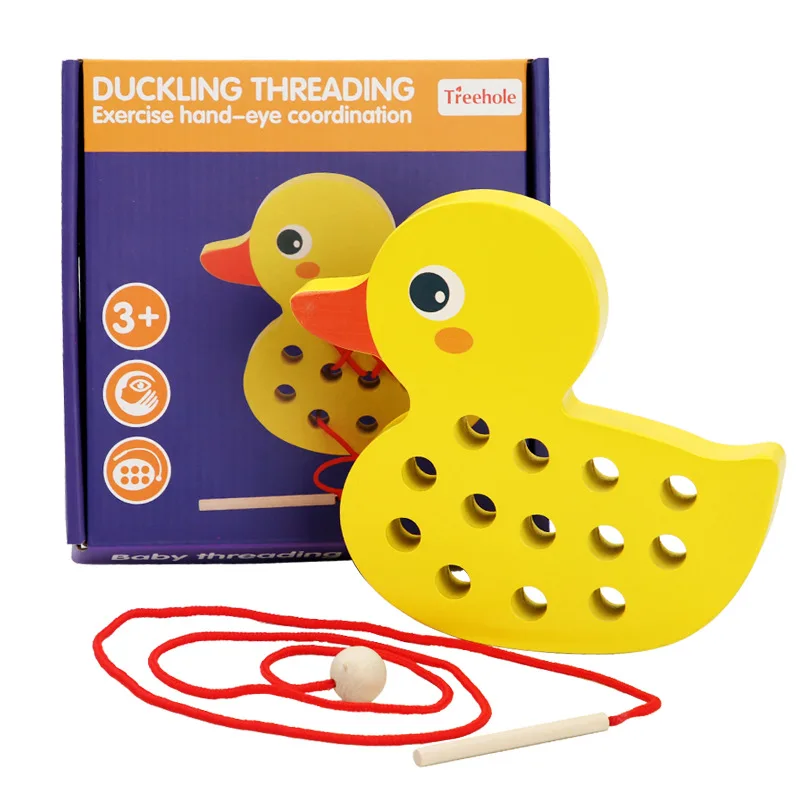 

Children's wooden toy little yellow duck and whale threading board, rope puzzle game, DIY threading boy girl