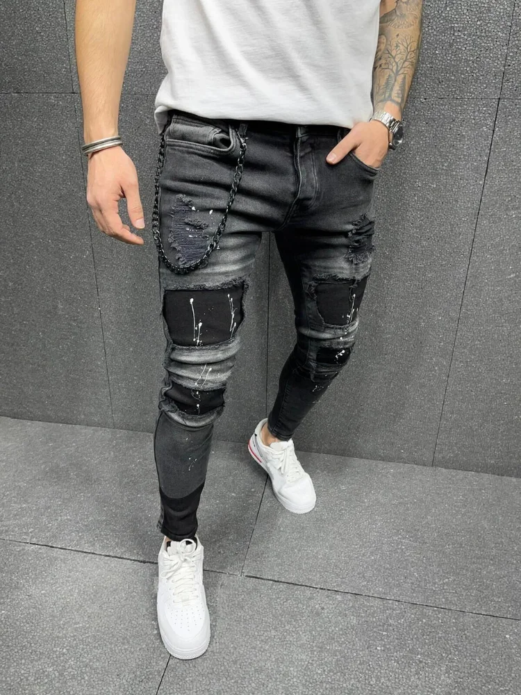 Men Ripped Skinny Jeans Biker Slim-Fit Pencil Pants Locomotive Zipper Denim Pants Hip Hop Trousers men jeans ripped jeans