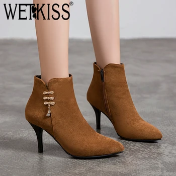 

WETKISS Flock Boots Women High Heels Ankle Booties Female Crystal Shoes Ladies Party Pointed Toe Shoes Women Winter Big Size 45