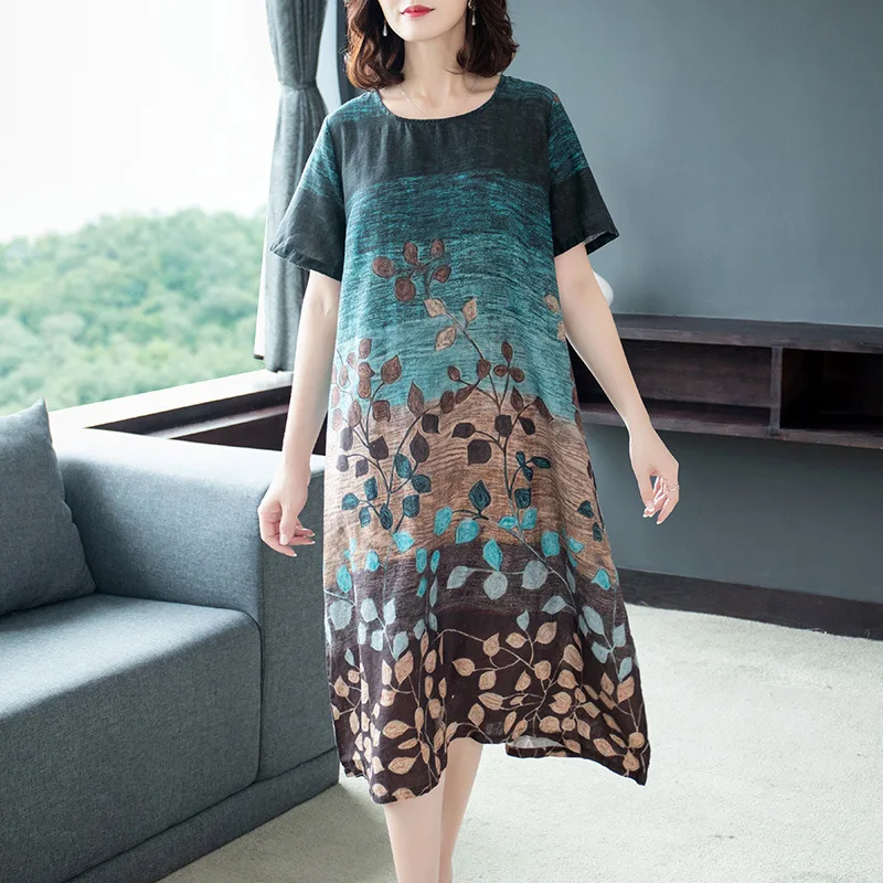 

2019 Summer New Style WOMEN'S Dress Retro Floral Elegant Dress Long over-the-Knee Loose Waist Cotton Linen